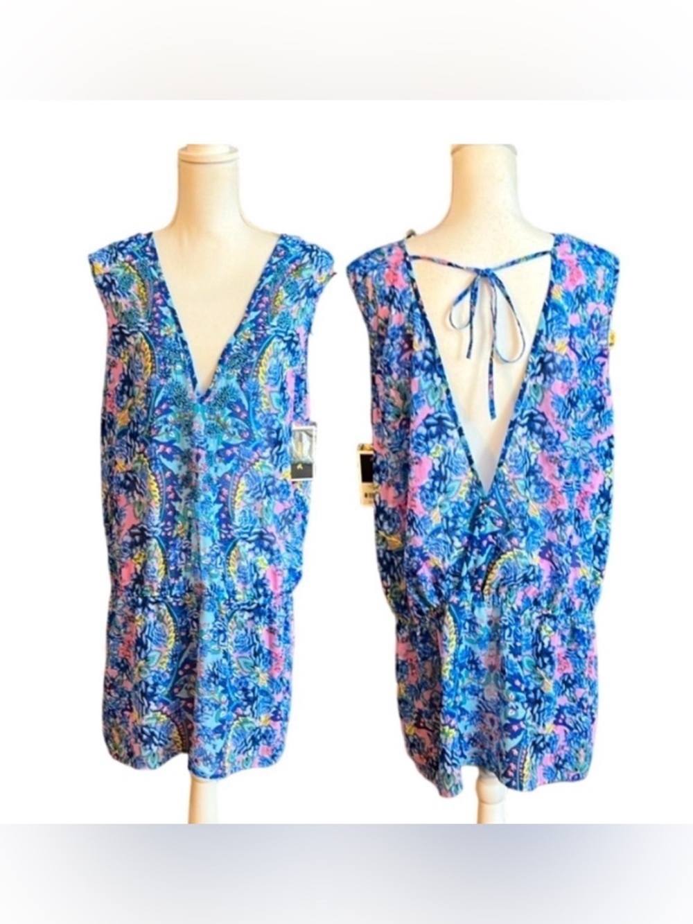 V neck Caftan Swim cover NWT Juicy Couture Floral blue pink white sz XL RARE
